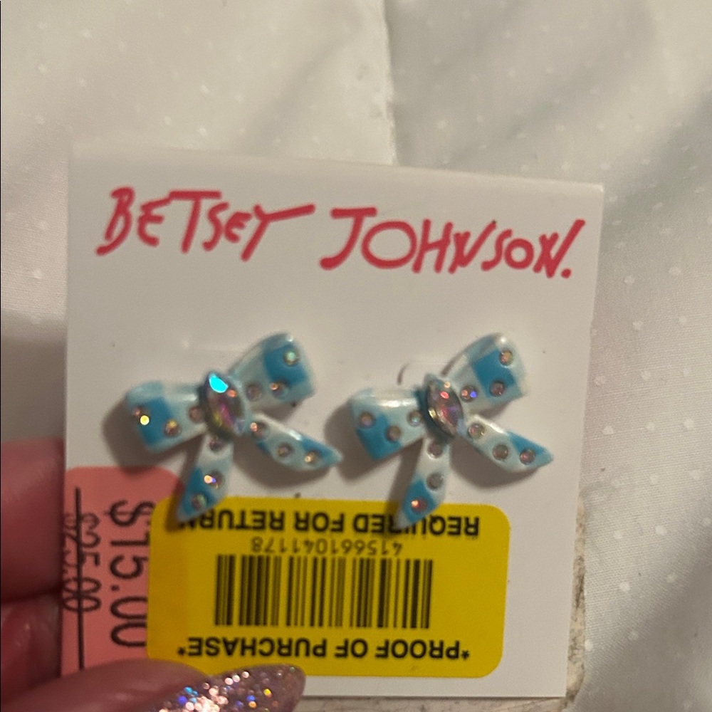 Betsey Johnson  Blue Bow Earrings with Rhinestones